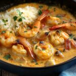 Recette Crevette Coco Curry : 3 Secrets pour un Plat Exotique, Facile et Irrésistiblerecette crevette coco curry 5 Assiette de crevettes au curry et lait de coco, servie avec du riz parfumé, recette simple et savoureuse.