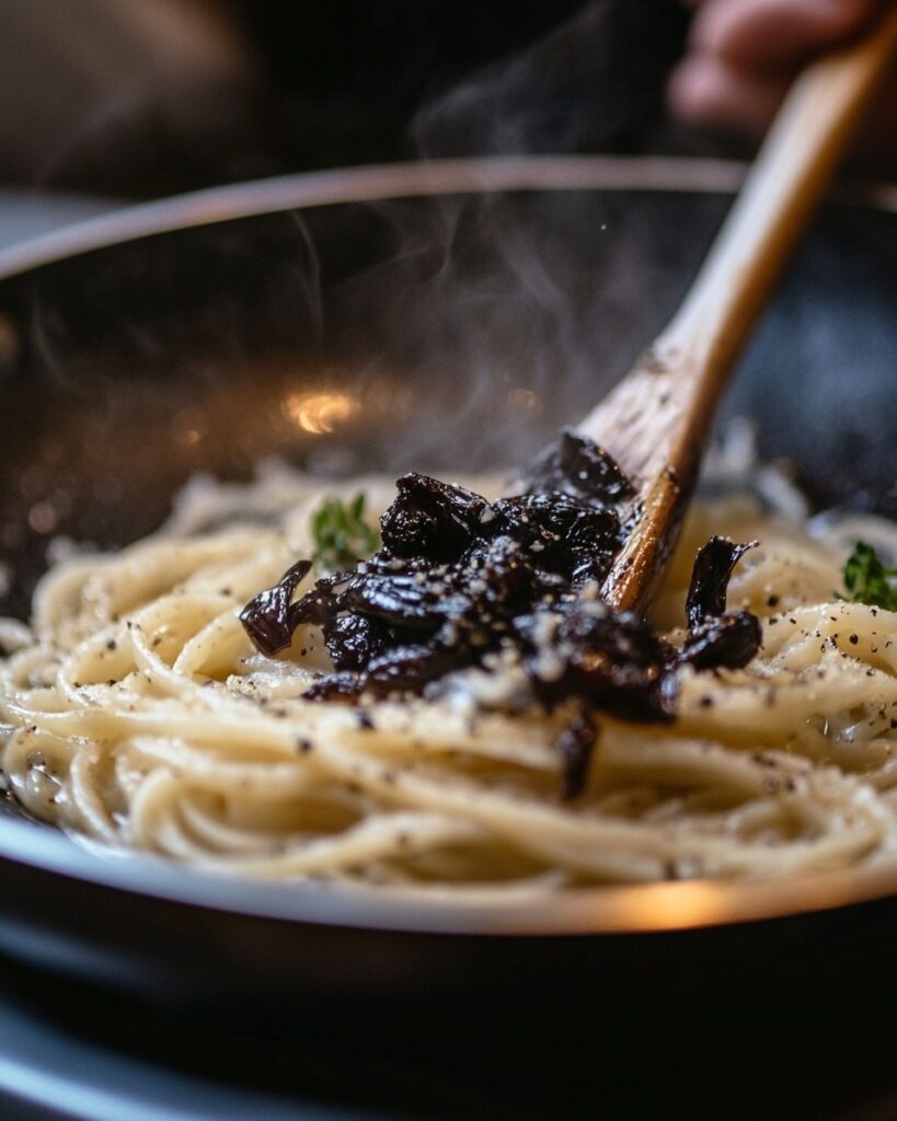 Pâtes à l’ail noir : une recette surprenante et savoureuse 7 A chef gently sautéing black garlic in olive oil in a pan, close-up, soft lighting