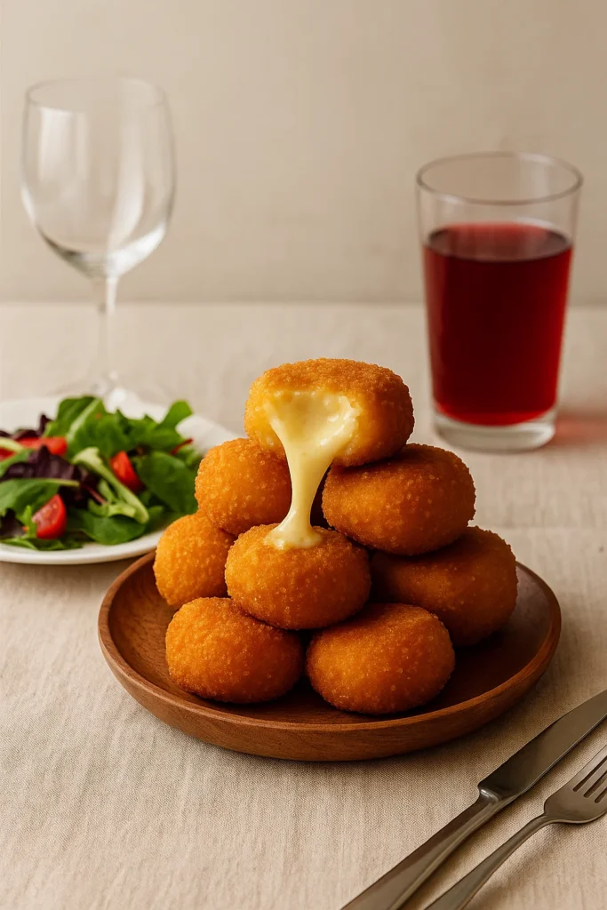 Croquettes à la mozzarella : recette exquise pour un résultat incroyable 2 Assiette de croquettes servies avec salade et jus