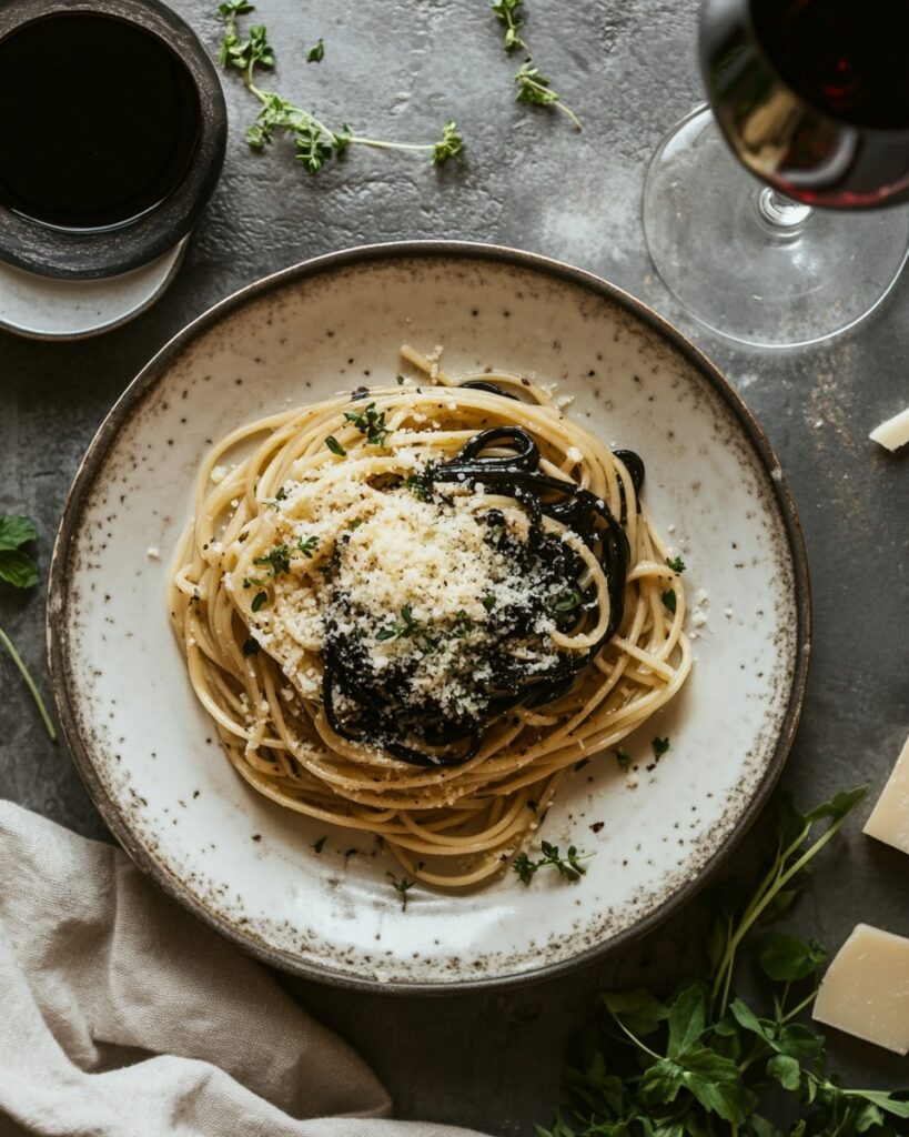 Pâtes à l’ail noir : une recette surprenante et savoureuse 8 Présentation des pâtes à l’ail noir prêtes à servir